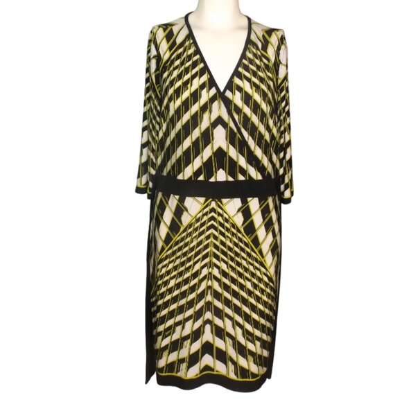 CALVIN KLEIN Dress, 12, Geometric, Half sleeve, Sash/Belt, Chartreuse/Black - Picture 9 of 11